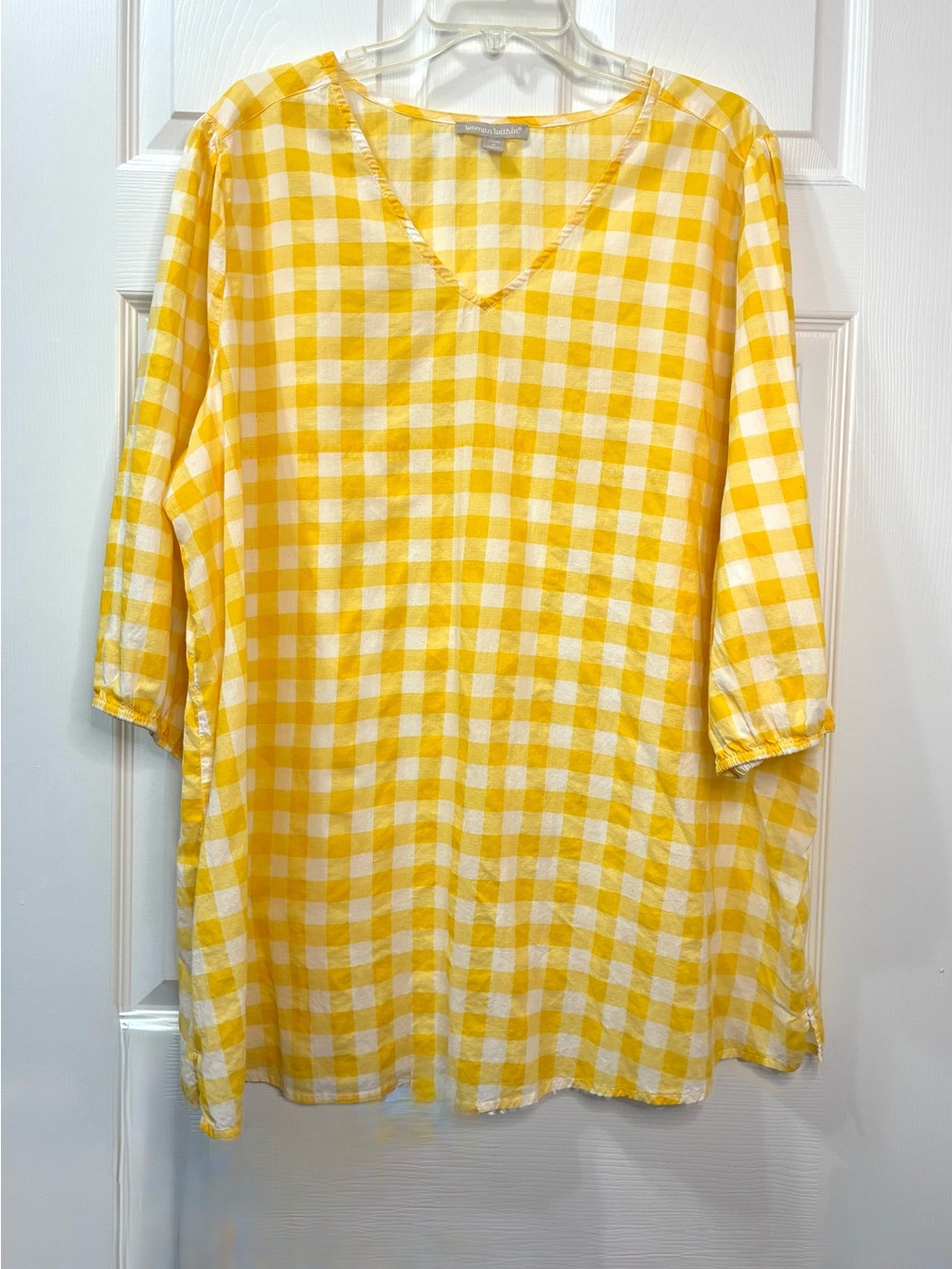 Woman Within Top Womens 22-24 Yellow White Gingham V-neck Coastal Picnic Casual